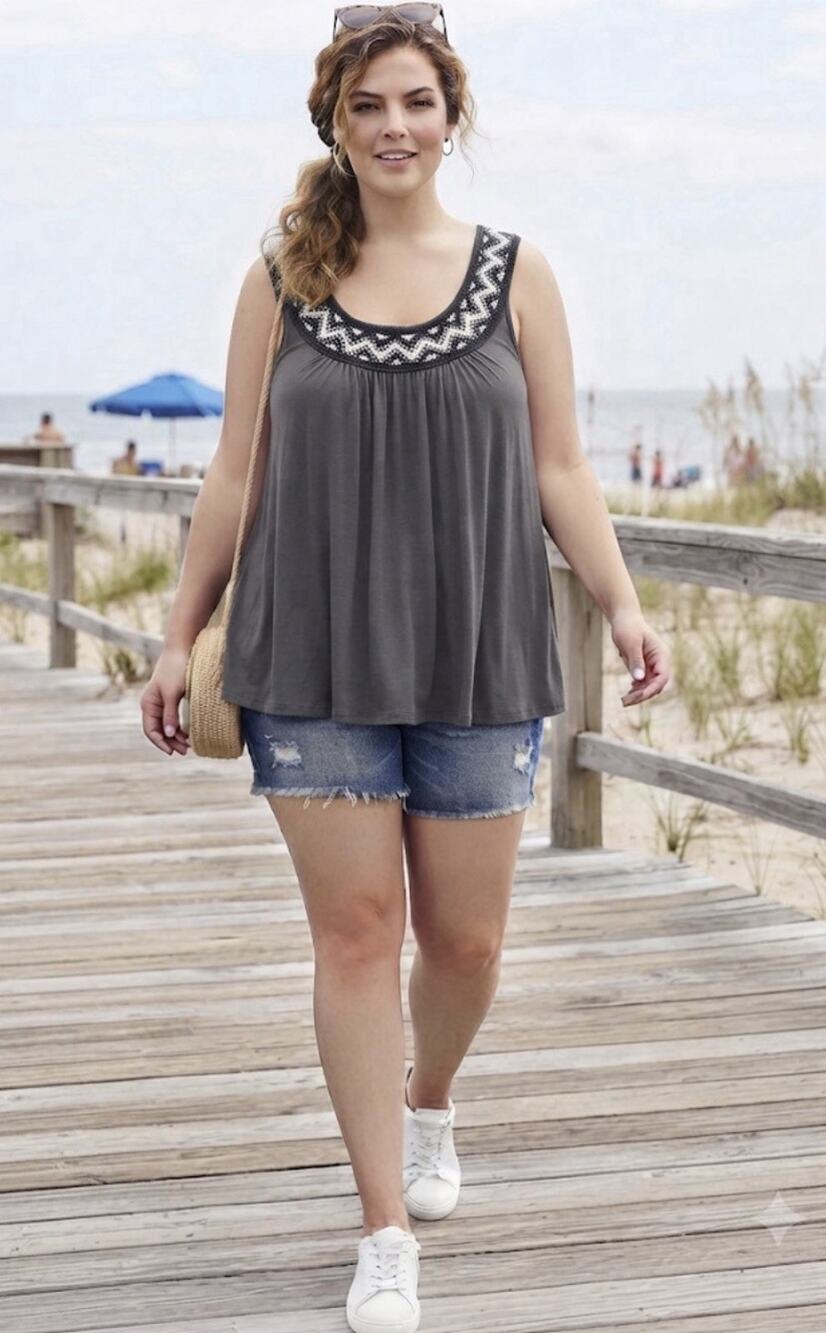 Lucky Brand Gray Black/Cream Crochet Trim Tank Top Cotton Flowy Boho Peasant 1X